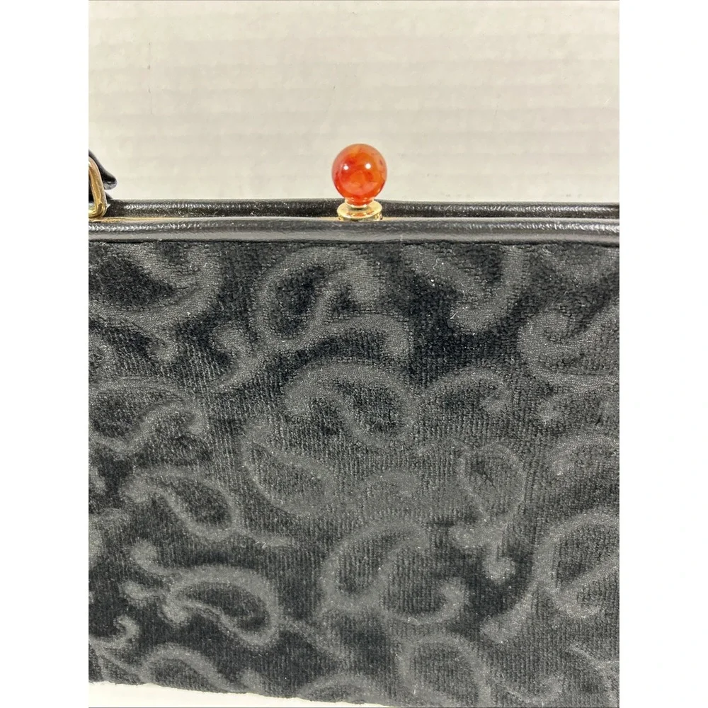 Vintage Black‎ Flocked Velvet Scroll Clutch Purse With Handle 11 1/2 X 8